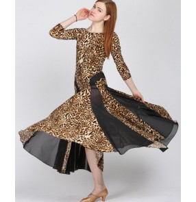 Women's competition professional leopard standard full skirted long sleeves ballroom dance dress set tango waltz dress top and skirt
