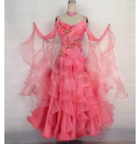 Women's coral pink diamond ballroom tango dance dress waltz dance dress long length 