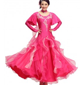 Women's detachable sleeves ballroom dance dress fuchsia yellow  white full skirt