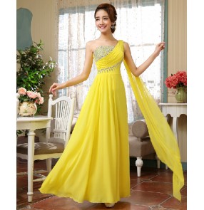 Women's diamond decoration A-line long chiffon evening dress  yellow purple rose pink