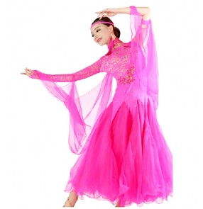 Women's diamond pattern lace long sleeves full skirt  ballroom dancing dress hot pink 