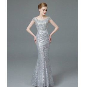 Women's double shoulder mermaid silver paillette beaded decoration evening dress party dress