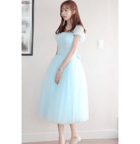 Women's double shoulder under knee length bridesmaid wedding party bridal dress