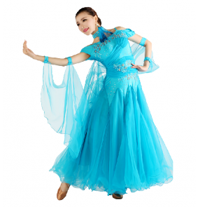 Women's embroidery diamond pattern full skirt ballroom dancing dress turquoise