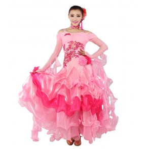 Women's embroidery pattern long senior full skirt ballroom dancing dress pink royal blue