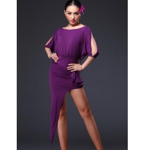 Women's fashionable  lady sexy   off shoulder  violet black latin dance dress set  top and skirt irregular hem