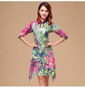 Women's female cheongsam  green fuchsia floral  latin dance dress salsa dres chacha dress