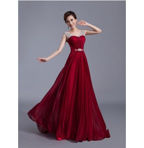 Women's female double shoulder rhinestone beaded wedding party evening dress wine red coral