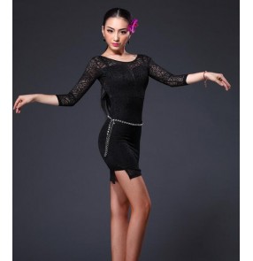 Women's female girls turquoise black  lace salsa  latin dance dress long sleeves 