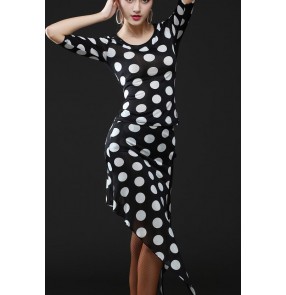 Women's female ladies polka dot middle long sleeves latin salsa samba dance dresses sets tops and skirts