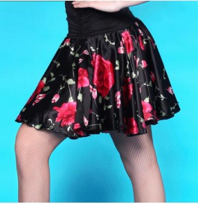 Women's floral printed and black patchwork latin dance skirt 