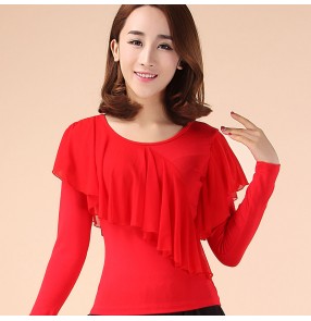 Women's front ruffles layers long sleeves latin dance top dance exercise top 
