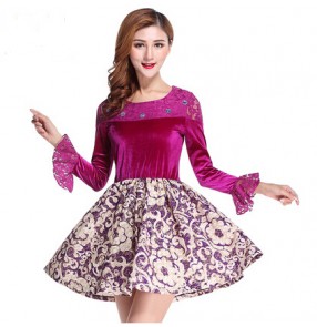 Women's fuchsia and floral patchwork velvet latin dance dress chacha salsa dress