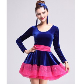 Women's fuchsia and royal blue  red and black patchwork o neck long sleeves  velvet latin  salsa chacha dance dress