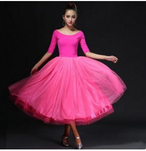 Women's Fuchsia blue red ladies female sexy middle long sleeves ballroom waltz dance dress S-XXL