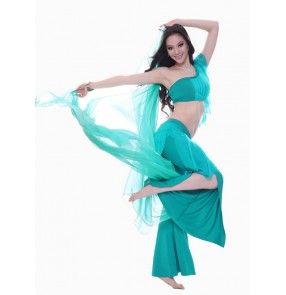 Women's fuchsia green peacock blue belly dance costumes one shoulder tops and pants