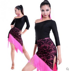 Women's fuchsia yellow black  tassel latin dance set ,half sleeves ( top and skirt)