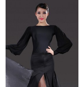 Women's girls black puff long sleeves sexy latin dance tops ballroom samba tango waltz dance tops blouse 