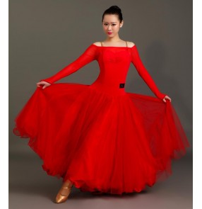 Women's girls black red black with adjustable strap long sleeves competition professional full skirted ballroom dance dress waltz tango dance dresses