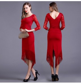 Women's girls black red lace long fringes with shorts lace long sleeves samba rumba chacha salsa latin dresses