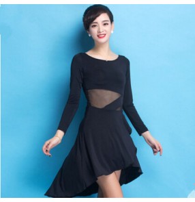 Women's girls  black round neck long sleeves milk silk material competition latin dance dress samba chacha dance dress