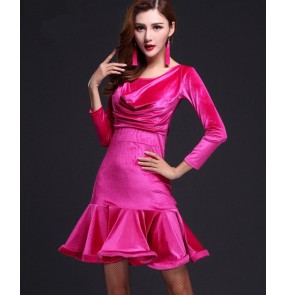 Women's girls black royal blue fuchsia velvet round neck long sleeves latin dance dresses samba rumba chacha dreses