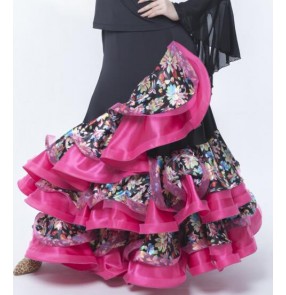 Women's girls blue fuchsia red competition professional floral flower patchwork long length ruffles big full skirted flamenco standard ballroom dance skirt