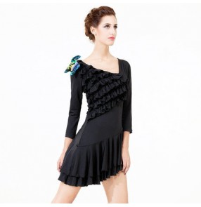 Women's girls bowknot black ruffles decoration long sleeves latin samba dance dresses  M-XXXL