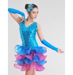 Women's girls children kids child royal blue turquoise red paillette ruffles sleeveless latin samba rumba salsa cha cha dance dresses dance wear