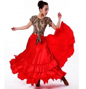 Women's Girls competition professional red spanish bull dance big skirted  ballroom dance skirts waltz tango dance skirt ( Only skirt)