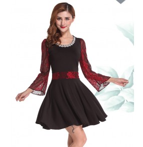 Women's girls diamond o neck long lace sleeves patchwork latin salsa chacha dance dress