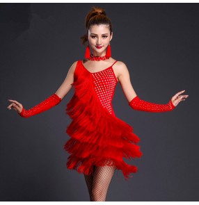 Women's girls diamond tassel red royal blue black fuchsia latin dance dress salsa dress