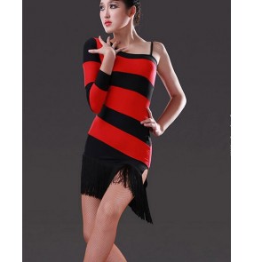 Women's girls fashionable one inclined shoulder red and black white and black striped tassel latain dance dresses salsa dance dress samba dance dress