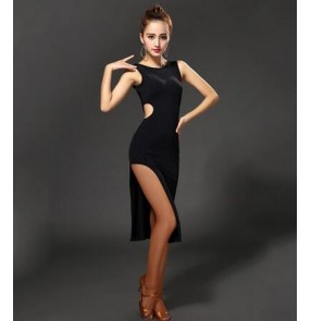 Women's girls female black red sleeveless cross belt back side split competition latin  dance dresses jive salsa rumba samba cha cha dance dresses 