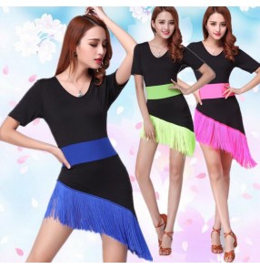 Women's girls female ladies fuchsia neon green royal blue striped irregular fringe hem short sleeves latin dance dresses salsa  samba rumba cha cha dance dresses