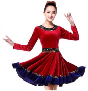 Women's girls floral velvet patchwork latin dance dress long sleeves