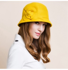Women's girls flower applique yellow 100% handmade bucket wedding party fedoras fashionable hats