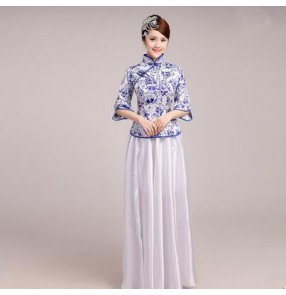 Women's girls folk dance blue and white costumes Chinese  traditional ancient dance wear clothing performance stage clothes dresses blue fuchsia red