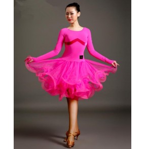 Women's girls Fuchsia black red competition professional velvet milk silk patchwork fish bone ruffles hem long sleeves round neck latin dance dress samba salsa chacha rumba dance dresses