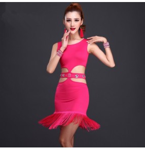 Women's girls fuchsia black royal blue long fringe latin dance dress salsa samba rumba chacha dance dress M-XL