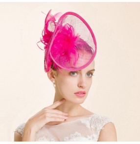 Women's girls fuchsia  high quality fascinators luxury sinamay pill box  hats  bridal wedding fedoras feather hair accessory