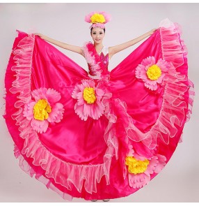 Women's girls Fuchsia red flower big skirted modern opening dance stage performance dance costumes folk Spanish bull dance dresses costumes clothes 540 degree hem 