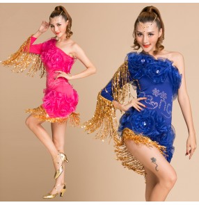 Women's girls fuchsia royal blue one shoulder ruffles fringe tassels salsa chacha latin dresses Samba rumba dance dresses danewear