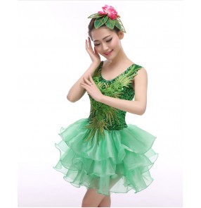 Women's girls green embroidery pattern seuined tank sleeves high quality modern dance dresses costumes stage performance clothes