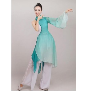 Women's girls green royal blue fuchsia turquoise gradient color  one sleeves Chinese folk dance dresses ancient traditional fan dance stage performance costumes for ladies