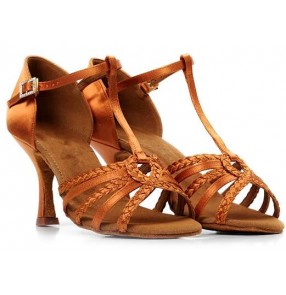 Women's girls high quality cow leather soft sole high heeled 7.5cm 8.5cm satin silk bronze color  competition  latin dance shoes ballroom tango dance shoes 