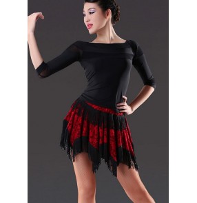 Women's girls high quality professional red and black patchwork latin dance dresses sets top and skirt 