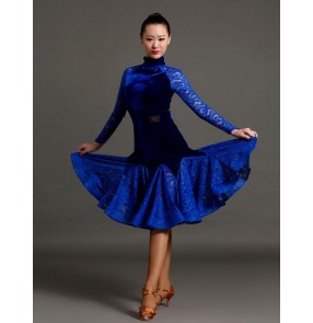 Women's girls high quality turtle neck royal blue black red velvet lace patchwork professional competition latin dance dress salsa chacha ballroom dance dresses