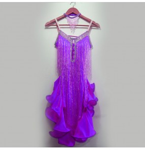 Women's girls kids children child violet turquoise red fuchsia royal blue red custom size fringes diamond rhinestones competition latin dresses samba salsa dance dresses