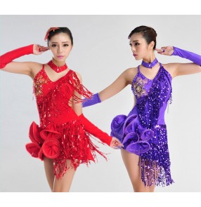 Women's girls kids children ladies female violet royal blue fuchsia turquoise sleeveless backless fringe competition latin salsa samba dance dresses